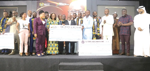  President Akufo-Addo (arrowed) with all the winners of Season Five of the Presidential Pitch which was held in Accra. With them is Kofi Owusu Nkansah (3rd from right), CEO, NEIP. Picture: Samuel Tei Adano