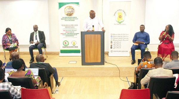 Dr Keziah Malm (right), programme Manager, National Malaria Elimination Programme, in a panel discussion with Ernest Amoah Ampah (2nd from right), programme officer, Disease Prevention and Control, School of Health Education Programme Unit, GES; Prof. Evelyn Ansah (left), Professor of Clinical Epidemiology, Institute of Health Research, University of Health and Allied Sciences, and Dr Fred Adomako Boateng (2nd from left), Regional Director of Health Service, Bono East Region. Picture: ERNEST KODZI