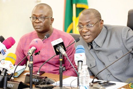 Dr Mohammed Amin Adam (right), Minister of Finance, addressing the media. With him is Dr Bryan Acheampong, Minister of Agriculture 