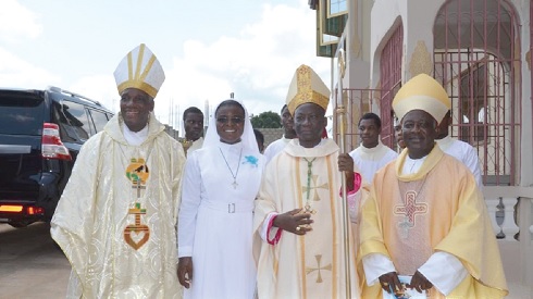 From left to right: Most Rev Joseph Francis Essien, Bishop of Wiawso, Sr Dr (Med) Ernestina Serwaa Yeboah, Most Rev  Matthew Gyamfi, Bishop of Sunyani and Most Rev Dominic Yeboah Nyarko, Bishop of Techiman Diocese at her final profession of vows                           