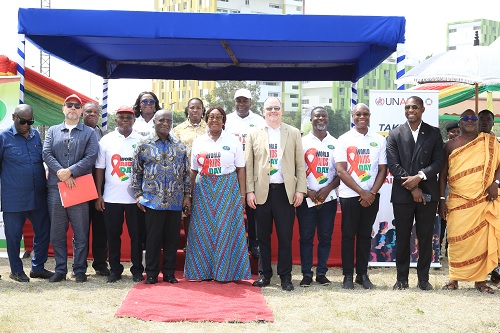  Dr Mokowa Blay Adu-Gyamfi (5th from left), Presidential Advisor on HIV/AIDS; Osei Kyei-Mensah-Bonsu (4th from left), Executive Oversight Minister, Ghana AIDS Commission; Dr Bernard Okoe Boye (2nd from right), Minister of Health; Dr Kyeremeh Atuahene (3rd from left), Director-General, Ghana AIDS Commission; Sucilla Perez (2nd from left), UNAIDS Country Director, and Rolf Olson (5th from right), Deputy Chief of Mission, US Embassy, after the opening session of the 2024 world AIDS day celebration