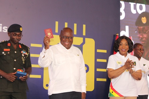  President Nana Addo Dankwa Akufo-Addo (middle), launching the chip-embedded passport. With him is Shirley Ayorkor Botchwey (right), Minister of Foreign Affairs and Regional Integration. Picture: ELVIS NII NOI DOWUONA 