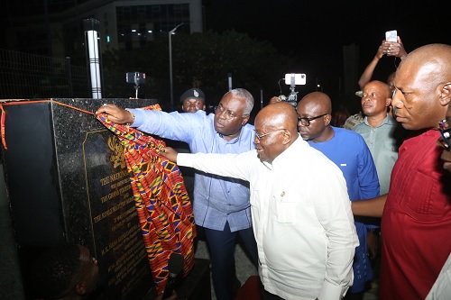 President Akufo-Addo (inset) unveiling the plaque to inaugurate the Nationalism Park at Osu. Picture: SAMUEL TEI ADANO