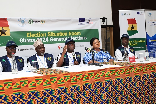 Dr Ernest Adu Gyamfi (middle), Chairman, National Peace Council, addressing the press conference. With him are Nana Agyakoma Difie II (2nd from right), member, National Peace Council; Maulvi Mohammed Bin Salah (2nd from left), Member, Peace Council, and some other members of the council. Picture: BENEDICT OBUOBI