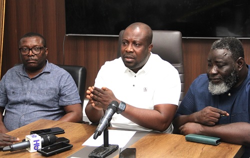Salam Mustapha (middle), National Youth Organiser of the NPP, addressing the media. With him are Frederick Opare Ansah (left), Dr Bawumia’s Campaign Manager, and Alhaji Masawudu Osman, the 3rd Vice-Chairman of the NPP.  Picture: Nana Konadu Agyeman