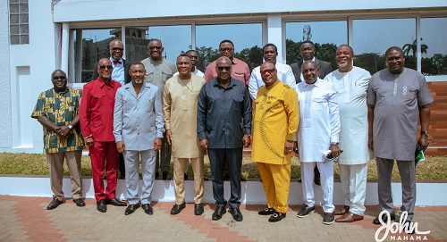  John Dramani Mahama (middle), President-elect, with members of The Apostolic Fathers. With them is Julius Debrah (left), Co-Chairperson, Joint Transition Team