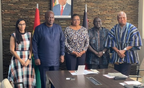 John Dramani Mahama (2nd from left), President-elect, with Miriam Montrat (middle), Canadian High Commissioner to Ghana, after the meeting. With them are Julius Debrah (2nd from right), Co-Chair, Transition Team, Samuel Okudzeto Ablakwa, MP, North Tongu, and an official from the Canadian High Commission