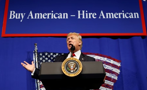 FILE - President-elect Donald Trump, pictured during his first term as president, speaks in Kenosha, Wisconsin, April 18, 2017, before signing an order directing federal agencies to recommend changes to a program that brings foreign workers to the U.S. to fill high-skilled jobs.