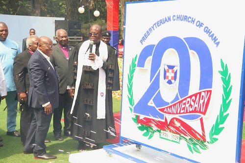 President Akufo-Addo with Rt Rev. Dr Abraham Nana Opare Kwakye (right), Moderator of the General Assembly, after launching the Bicentennial Anniversary of the Presbyterian Church of Ghana. Picture: ELVIS NII NOI DOWUONA 