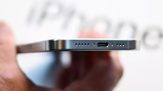 The USB-C port on an Apple iPhone on display in a store in Los Angeles, California
