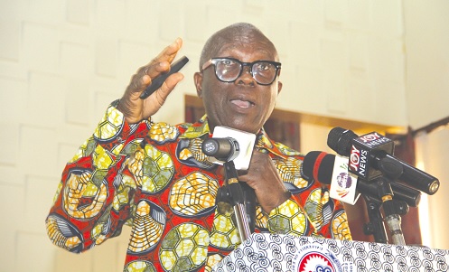 Prof. Ayee (inset) addressing the faculty members and students of the Department of Political Science of the University of Education, Winneba