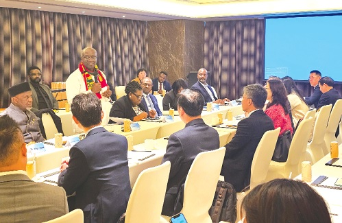 Ken Ofori-Atta (standing), Finance Minister, addressing the Ghana-China Business Roundtable in Shenzhen