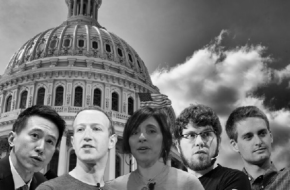 (Left to right) Chew, Zuckerberg, Yaccarino, Citron and Spiegel attended the hearing 