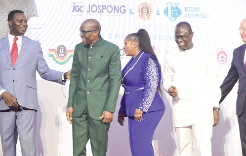 Alban Bagbin (2nd from left), Speaker of Parliament, sharing pleasantries with Dr Yaw Osei Adutwum (left), Minister of Education, at the signing of the MOU. With them are Adelaide Siaw Agyepong (3rd from left), Chief Executive Officer of the Asian-African Consortium, and Joseph Siaw Agyepong (left), Executive Chairman — Jospong Group of Companies