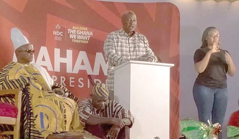John Dramani Mahama (inset, middle), NDC flag bearer, addressing the town hall meeting in Tamale
