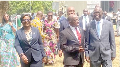 COP Maame Yaa Tiwaa Addo-Danquah (left), Executive Director of EOCO, Simon Osei-Mensah (middle), Ashanti Regional Minister, and Kwasi Kwaning Bosompem, Controller and Accountants General, leaving the conference venue
