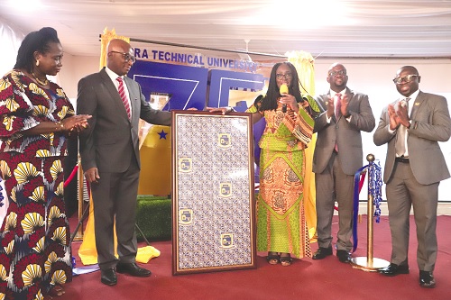 Gifty Twum-Ampofo (3rd from right), Deputy Minister of Education in charge of TVET, launching the ATU at 75 anniversary cloth. Those with her are Dr Wilfred K. Anim-Odame (2nd from left), Chairman of the Accra Technical University Governing Council;  Davor Wonder Salami (right), District Engineer and Head of the Works Department for the Denkyembour District Assembly in Akwatia; Prof. Amevi Acakpovi (2nd from right), Ag Vice-Chancellor of the Accra Technical University, and Dr. Sylvia B. Oppong-Mensah (left), Registrar, ATU. Picture: EDNA SALVO-KOTEY