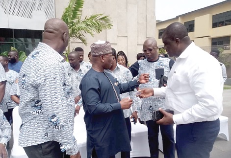 Hassan Tampuli (2nd from left), Deputy Minister of Transport, having an interaction with some leaders of the Association of Customs House Agents Ghana at the Annual General Meeting. With them are Stephen Adjokatcher (right), President of Ghana Institute of Freight Forwarders, and Yaw Kyei (left), Outgoing President, ACHAG . Picture: BENJAMIN XORNAM GLOVER