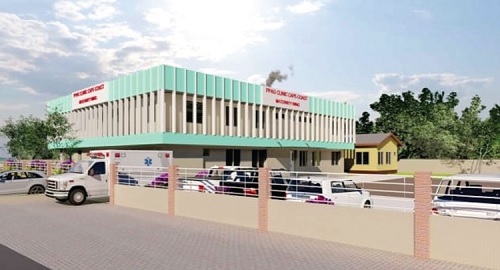 Dr Alvaro Bermejo (4th from left, front row) with his team and officials of the PPAG after inspecting the facility. Inset: The architectural design of the health facility