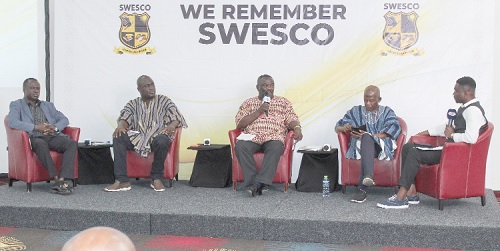 Prof. Festus Annor Frimpong (middle), Associate Professor, Agricultural Extension, UCC, in a panel discussion with Dr Enoch Tham Agyekum (2nd from left), Lecturer, Department of Agriculture, KNUST, Prof. Kwame Agyei Frimpong (left), Associate Professor, Soil Science Department, UCC, and Prof. Roger Kanton (2nd from right), former research scientist with the Savannah Agricultural Research Institute of the Council of Scientific and Industrial Research