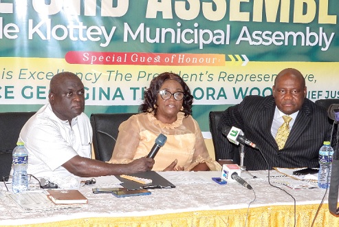 Justice Georgina Theodora Wood, former Chief Justice and member of the Council of State, delivering a speech on behalf of President Akufo-Addo. With her are Samuel Nii Adjei Tawiah (left), MCE, Korle Klottey Municipal Assembly, and Prof. Samuel Nii Odai (right), Vice–Chancellor, Accra Technical University. Picture: ERNEST KODZI