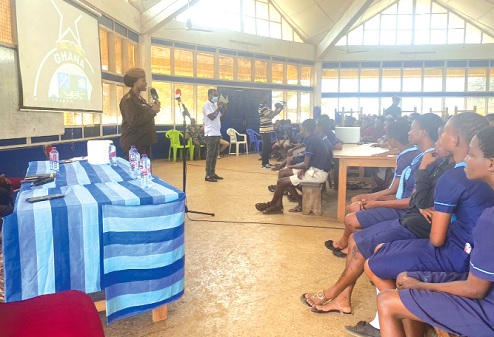 Deputy Superintendent Irene Pokuah Wiredu (left), Head of Media Relations at the GPS, educating the students