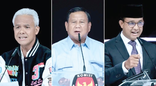 From left: Ganjar Prebowo 54, Prabowo Subianto,72, and Anies Baswedan 54, three candidates in the Indonesian presidential election