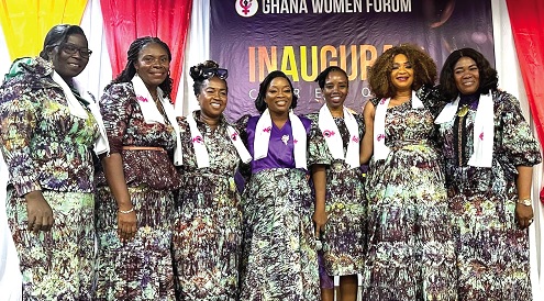 Professor Goski Alabi (right), Consulting President of the Laweh University College, with Adeline Baidoo (4th from left), President of the Women  Forum; Professor Elsie Effah Kaufmann (3rd from right), National Science and Maths Quiz mistress, and some other members after the launch 