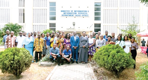 Kojo Oppong Nkrumah (middle), the immediate past Minister of Information, with Fatimatu Abubakar (arrowed),  Minister designate, and staff of the ministry after the durbar