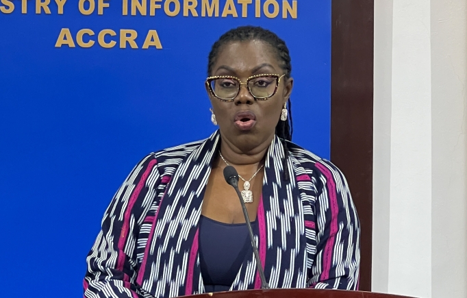Ursula Owusu-Ekuful (right), Minister of Communications and Digitalisation, speaking at the event. Picture: ESTHER ADJORKOR ADJEI
