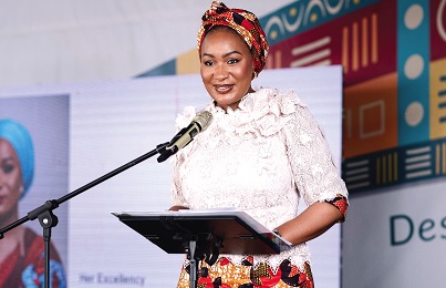 Samira Bawumia (inset), wife of the Vice-President, addressing the participants in the 2024 Association of International Schools in Africa Global Issues Service Summit in Accra