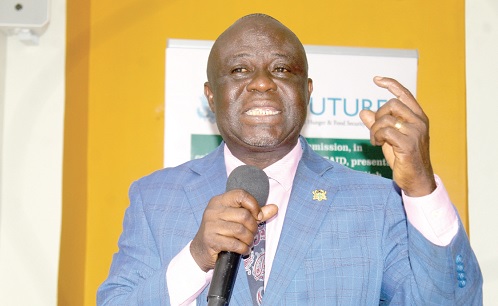 Yaw Frimpong Addo (inset), the Deputy Minister of Food and Agriculture in charge of Crops, addressing the forum.  Picture: ESTHER ADJORKOR ADJEI
