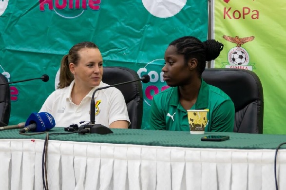 Black Queens coach Nora Häuptle (left) amd midfielder Freda Ayisi at the pre-match presser 