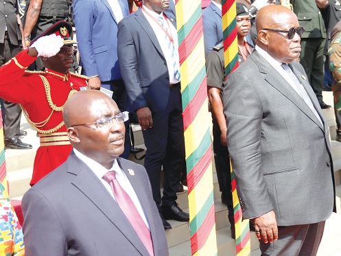 President Akufo-Addo (right) with Vice-President Dr Mahamudu Bawumia during the rendition of the National Anthem in Parliament last Tuesday