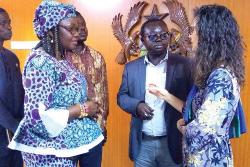 Harriet Thompson (right), British High Commissioner to Ghana, interacting with Justina Owusu-Banahene (left), Bono Regional Minister, and Dr Kofi Amo-Kodieh (middle), Regional Director of Health, after the meeting with heads of departments