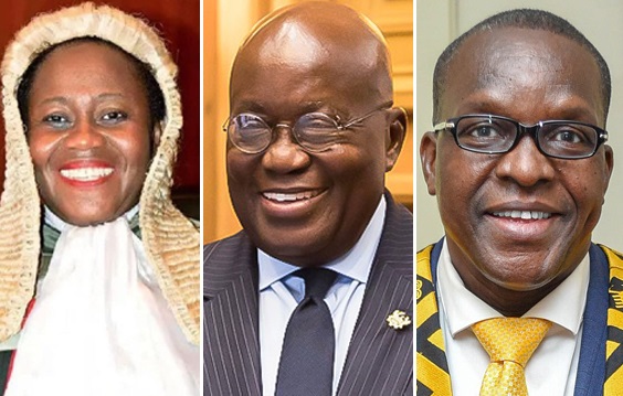 From right: • Justice Gertrude Araba Esaaba Sackey Torkornoo — Chief Justice; President Akufo-Addo, and Speaker of Parliament, Alban Bagbin