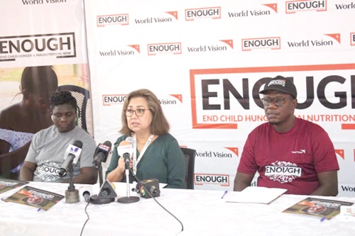 Laura Christina Delvalle (middle), National Director of World Vision Ghana, addressing the press at the ENOUGH pre-campaign launch while Gregory Dery (right), the Child Protection and Advocacy Manager, and Awurabena Dadzie, the Health and Nutrition Technical Programme Manager at World Vision Ghana, look on