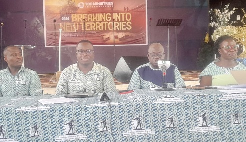 Reverend Daniel Asomah Gyabaa (2nd from right), leader of the team of translators, briefing the media about the project