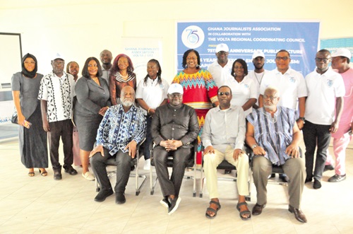 Prof. Kwame Karikari (seated left), communications lecturer; Albert Kwabena Dwumfour (seated 2nd from left), GJA President); Cameron Duodu (seated 2nd from right), columnist, and Dr Akorfa Segbefia (seated right), media consultant, and participants in the forum