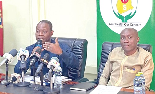 Dr Patrick Kuma-Aboagye (left), Director General, GHS, briefing  some journalists during the press launch in Accra. With him is Dr Franklin Asiedu-Bekoe, Director, Public Health, GHS.  Picture: ESTHER ADJORKOR ADJEI 