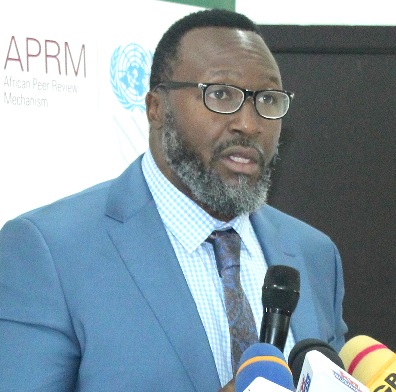 Dr McBride Nkhalamba, Director of Governance and Specialised Reporting, APRM Continental Secretariat, briefing journalists in Accra. Picture: ERNEST KODZI