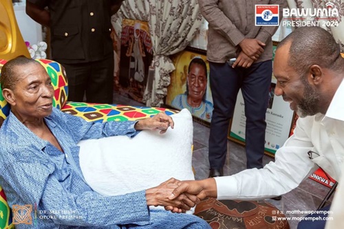 Dr Matthew Opoku Prempeh (right), running mate of the NPP, exchanging greetings with Apostle Kwadwo Safo, founder and leader of Kristo Asafo Mission