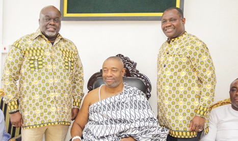 King Nii Tackie Teiko Tsuru II (middle), Ga Mantse, with Kofi Adomako (left), Managing Director of GCB, and Odartey Lamptey (right), Deputy Managing Director, Operations, GCB Bank PLC Picture: CALEB VANDERPUYE