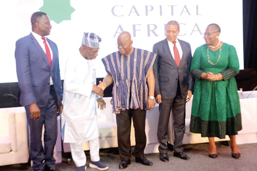 President Akufo-Addo (in smock) shaking hands with Olusegun Obasanjo (2nd from left), former Nigerian President at the event. With them are Jakaya Mrisho Kikwete (2nd from right), former President of Tanzania and Chairman of the Global Partnership for Education, and Dr Obiageli Ezekwesili (right), Chief Executive Officer, Human Capital Africa.  Picture: SAMUEL TEI ADANO