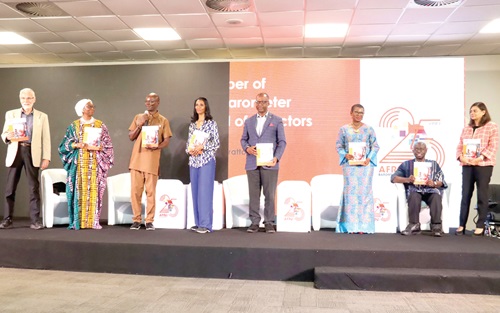 Joseph Asunka (3rd from right), CEO, Afrobarometer; Dr Emmanuel Gyimah-Boadi (2nd from right), Board Chair, Afrobarometer; Yvonne Aki-Sawyer (3rd from right), Mayor, Free Town, Sierra Leone; Roukaya Kasanelly (right), Chairperson, Electoral Institute for Sustainable Democracy in Africa; Chifundo Kachale (4th from right), immediate past Chairman, Malawi Electoral Commission, and some dignitaries launching the report in Africa.  Picture: ELVIS NII NOI DOWUONA