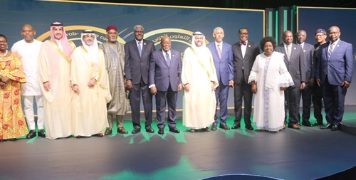 President Akufo-Addo (arrowed) with Moussa Faki Mahamat (9th  from left), AU Commission Chairman; Dr Fahad Aldossari  (7th from left), Chairman of the Board of Directors, Arab Bank for Economic Development in Africa, and other stakeholders after the ceremony in Accra. Picture: SAMUEL TEI ADANO