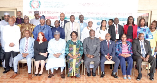 Dr Omar Alieu Touray (Seated 4th from right), President, ECOWAS Commission; Gilberto Da Piedade Verissimo (3rd from right), President, ECCAS Commission; Dr Workneh Gebeyehu (right), Executive Secretary of IGAD; Chileshe Kapwepwe (4th from left), Secretary-General, COMESA; Tarak Ben Salem (2nd from left), Secretary General, AMU, and some participants in the meeting in Accra. Picture: ELVIS NII NOI DOWUONA