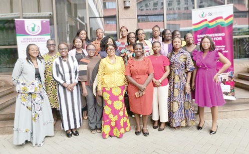  Maureen Odoi (3rd from left), Association of Ghana Industries; Fati Abigail Abdulai (4th from left), Widows and Orphans Movement, and Deborah Freeman (5th from right), Informal Economy Workers Forum, with participants after the discussions
