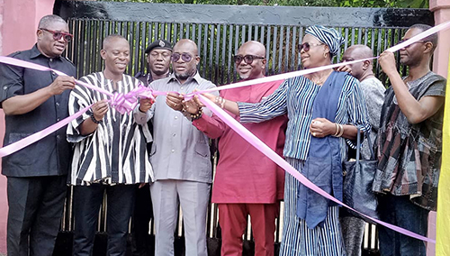 A view of the facility. Inset:  Andrew Egyapa Mercer (3rd from left),  Minister of Tourism, Arts and Culture, being supported by Akwasi Agyeman (3rd from right), Chief Executive Officer of  the Ghana Tourism Authority; Richard Broni (2nd from left), Municipal Chief Executive of East Gonja, and other dignitaries  to inaugurate the facility