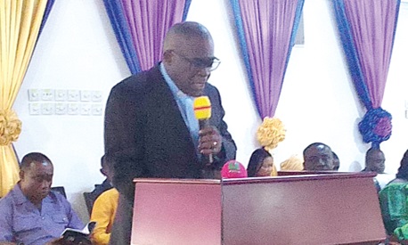 Rev. Dr Kwabena Opuni-Frimpong (inset) addressing students of the Presbyterian Women College of Education at Aburi